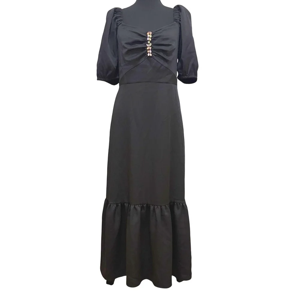 NEW Anne Klein Rhinestone Puff Sleeve Midi Dress Sz 8 Black Ruffle Hem Cocktail